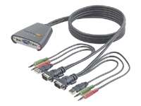 Device Type - KVM / audio switch , Enclosure Type - External , Width - 8.2 cm , Depth - 8.1 cm , Height - 2.8 cm , Weight - 0.5 kg , Localisation - United Kingdom , Ports Qty - 2 , Connectivity Technology - Wired , Status Indicators - Port status , KVM Local Users Qty - 1 local user , Max Resolution - 2048 x 1536 @ 65 Hz , Interfaces - 2 x display / video - VGA - 15 pin HD D-Sub (HD-15)   2 x USB - 4 PIN USB Type A   2 x audio - line-out - mini-phone stereo 3.5 mm    2 x microphone - input - mini-phone 3.5mm , Connections - 1 x display / video - VGA - 15 pin HD D-Sub (HD-15) - 1   2 x USB - 4 PIN USB Type A - 2   1 x audio - line-out - mini-phone stereo 3.5 mm  - 1   1 x microphone - input - mini-phone 3.5mm - 1 , Cables Included - Keyboard / mouse / video / audio cable , Software Included - Drivers &amp; Utilities , OS Required - Microsoft Windows Millennium Edition, Microsoft Windows 2000 / XP, Apple MacOS X 10.0 or later , Service &amp; Support - 3 years warranty , Service &amp; Support Details - Limited warranty - 3 years , Min Operating Temperature - 0 &deg;C , Max Operating Temperature - 40 &deg;C ,