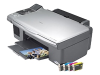 Device Type - Copier / printer / scanner , Printing Technology - Ink-jet - colour , Width - 43 cm , Depth - 35.4 cm , Height - 18.1 cm , Weight - 6.5 kg , Supported Flash Memory - Memory Stick, CompactFlash, SD Memory Card, MultiMediaCard, xD-Picture Card , Max Copying Speed - Up to 27 ppm (mono) / up to 27 ppm (colour) , Inkjet Technology - Epson Micro Piezo , Nozzle Configuration - 4 x 90 nozzles , Max Printing Resolution - Up to 5760 x 1440 dpi (mono) / up to 5760 x 1440 dpi (colour) , Max Printing Speed - Up to 27 ppm (mono) / up to 27 ppm (colour) , Ink Palette (Colours) - 4-ink - cyan, magenta, yellow, black , Minimum Ink Droplet Size - 3 pl , Scan Element - CIS / CCD , Optical Resolution - 1200 x 2400 dpi , Original Type - Sheets , Max Copy Size - Legal (216 x 356 mm) , Supported Media Type - Envelopes, plain paper , Standard Media Capacity - 100 sheets , Speed Details - Printing : 28 sec ( 10 x 15 cm (4"x6") ) - photo   Printing : up to 27 ppm ( A4 ) - B/W   Printing : up to 27 ppm ( A4 ) - colour   Copying : up to 27 ppm ( A4 ) - B/W   Copying : up to 27 ppm ( A4 ) - colour , PC Connection Availability - Built-in , PC Connection - USB , Operating System Support - MS Windows XP, MS Windows 2000, MS Windows ME, MS Windows 98 SE, Apple MacOS X 10.2.8 or later , Software Included - Drivers &amp; Utilities , Voltage Required - AC 230 V ( 50/60Hz ) , Power Consumption Operational - 13 Watt , Power Consumption Sleep - 3.5 Watt , Service &amp; Support - 1 year warranty ,