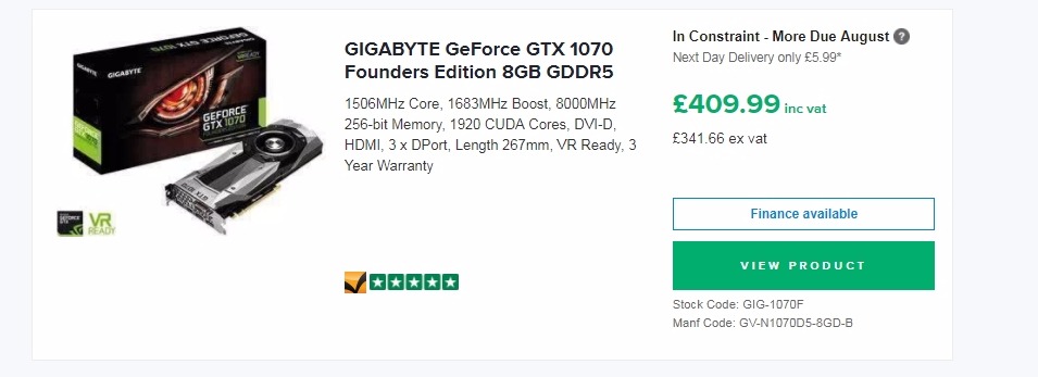 Gigabyte GeForce GTX 1080 Founders Edition Card