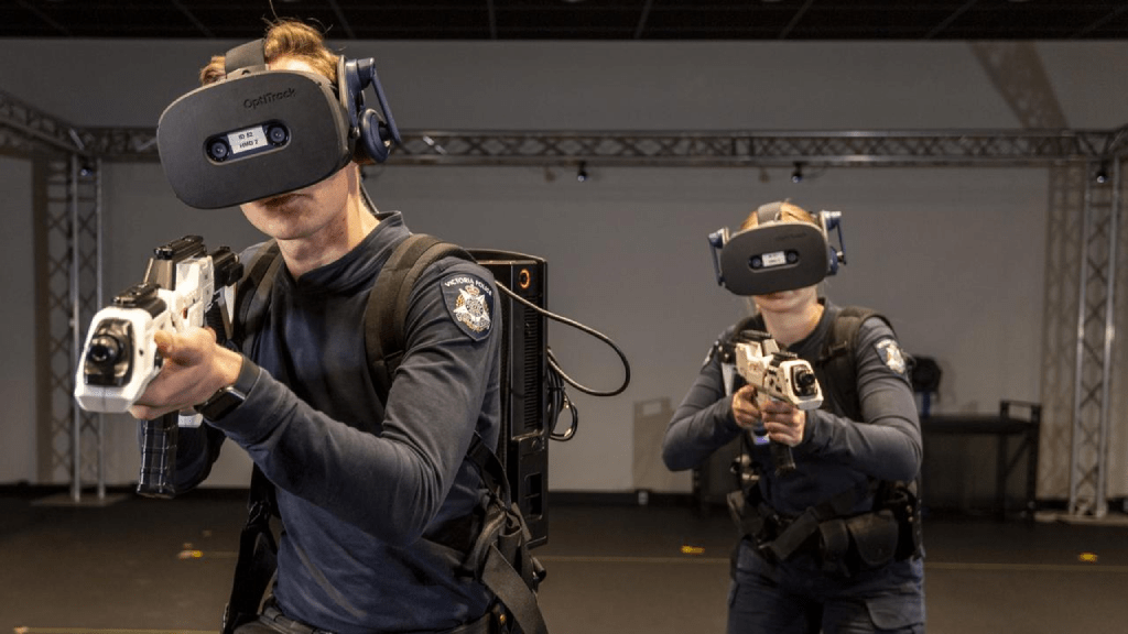 Police Officers using unwieldy backpacks in VR training scenario
