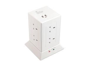 Lindy 8 Way UK Mains Vertical Surge Protector Power Strip with 2 x USB, White, 1.5m