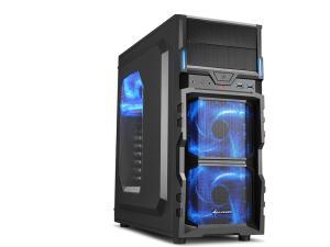 Sharkoon VG5-W Mid Tower case, Black with Blue LED Fans, Black Interior, Windowed